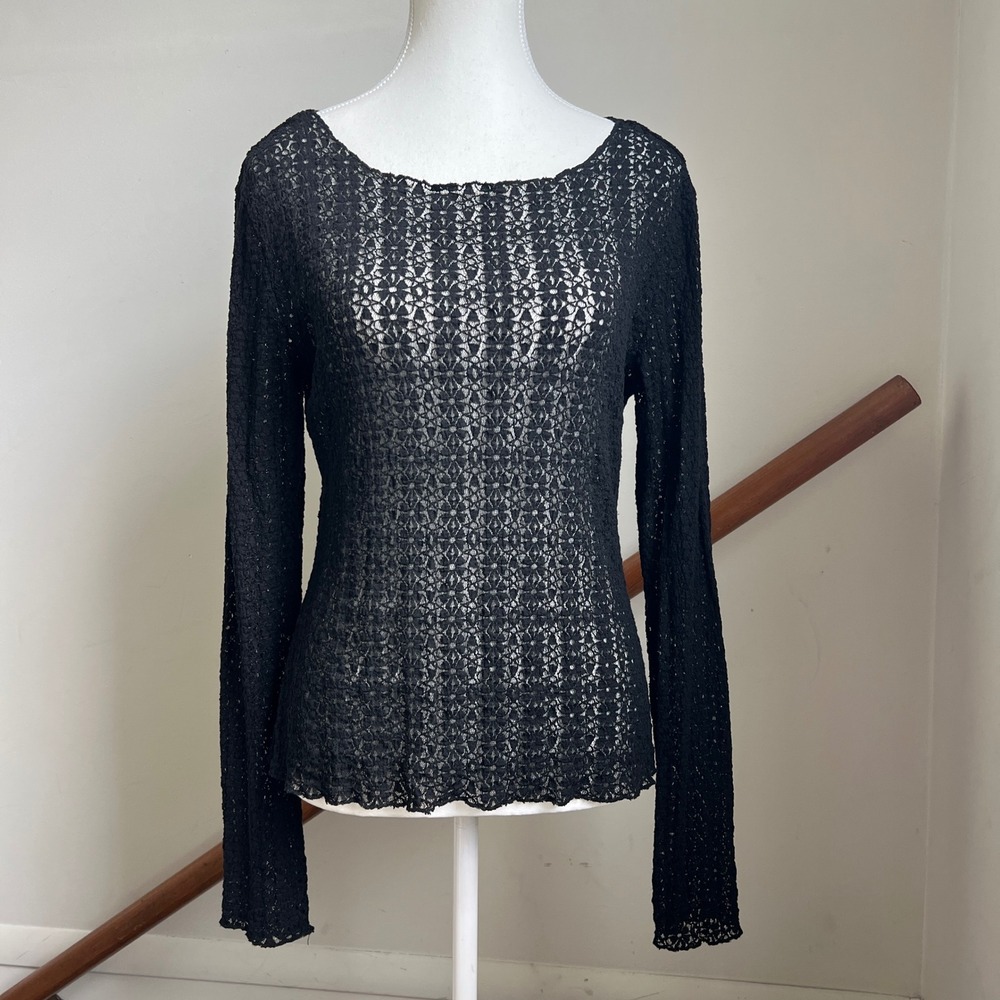 Natural Life Lace Top Large Black Sheer Floral Knit Long Sleeve Boho Whimsigoth